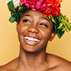 A woman wearing a flower crown, adding a touch of nature and beauty to her appearance.